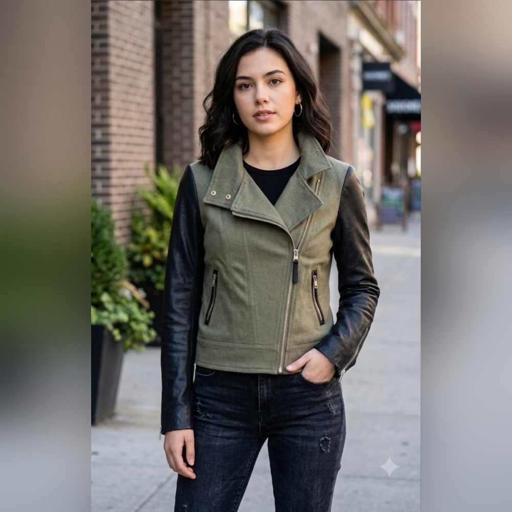Mackage Olive and Black Leather-Sleeve Moto Jacket Size:S